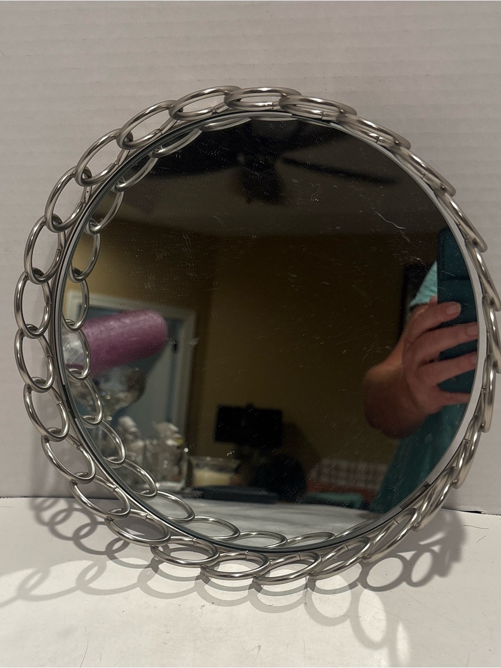 Silver Round Decorative Wall Mirror / Vanity Tray with Linked Ring Frame